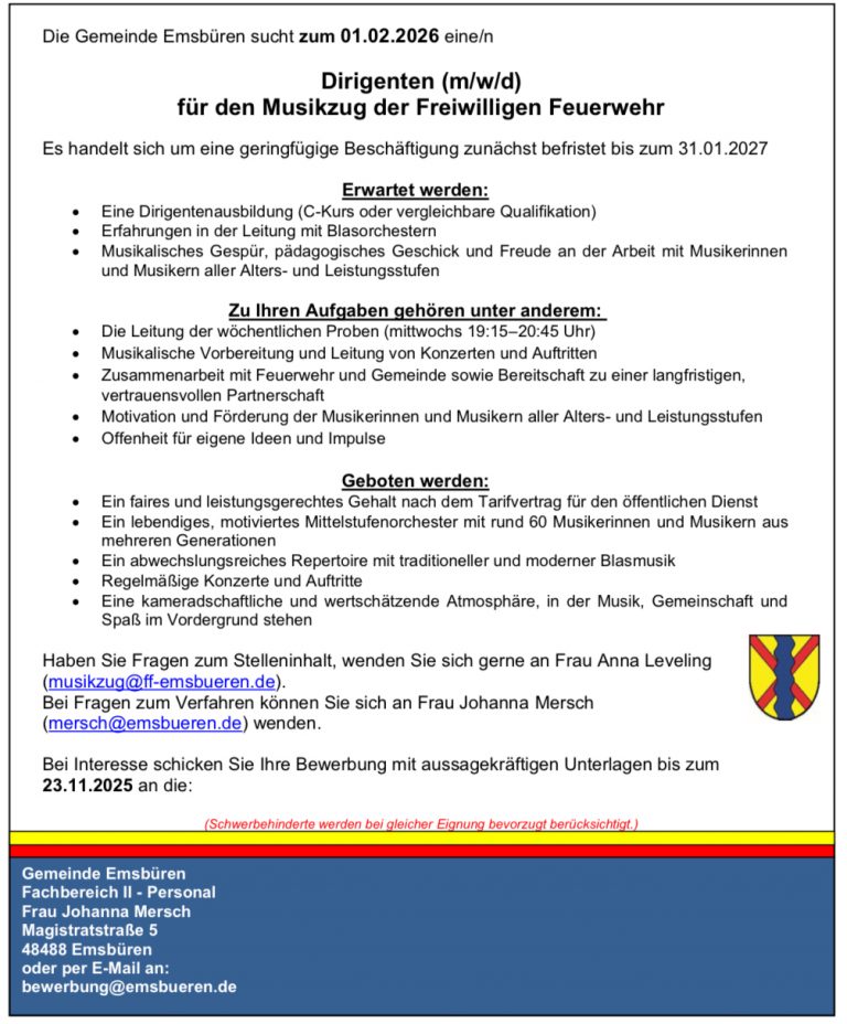 Dirigent/in für unseren Musikzug der FFW Emsbüren gesucht